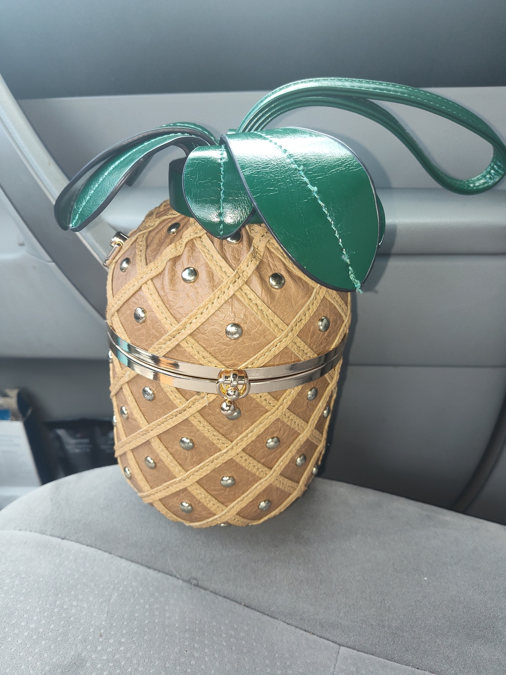 Pineapple-Shape Studded Crossbody Bag in Tan with Green Leaf Accent